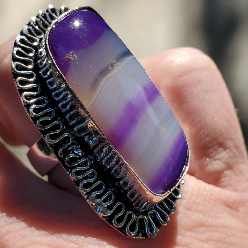 **$15 Sale** New Purple Stripes Agate 925 Silver Ring. - Picture 5 of 10